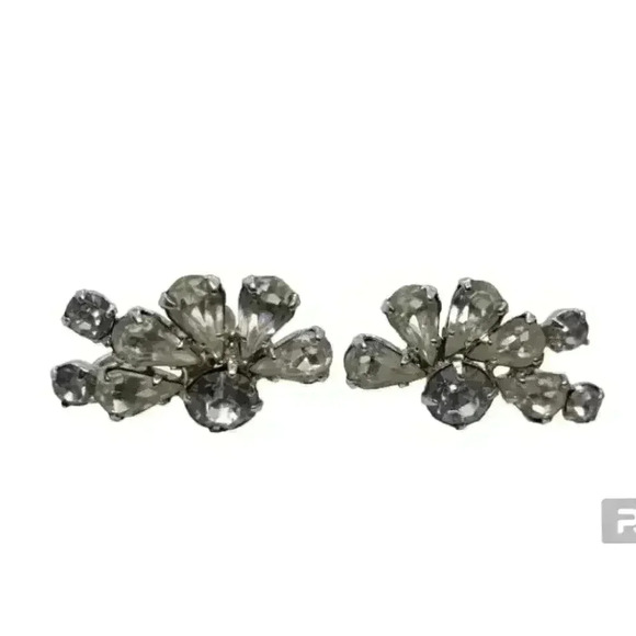 Vintage Earrings Clear Rhinestone Clip Clear Half Flower Star Bride Statement - Picture 2 of 10